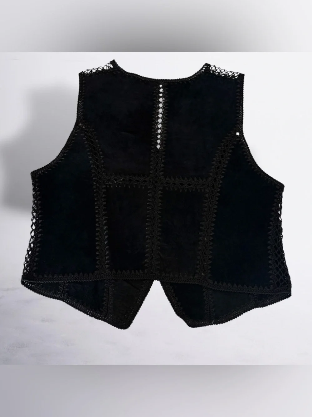Vintage Black Genuine Leather Suede & Crochet Patchwork Women's Vest - Picture 5 of 7